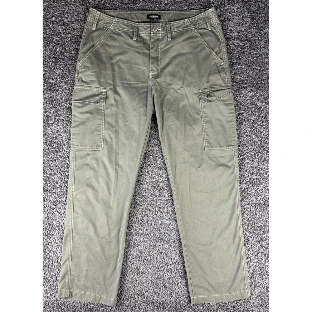 True Religion Mens Cargo Pants Olive Green Straight Leg Contrast Stitch Size 34
